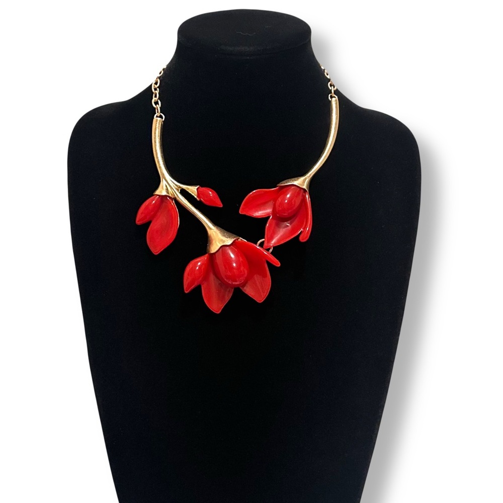 Artisan Red Jade & Brushed Gold Magnolia Flower Luxury Collar Necklace | NWT